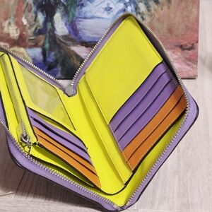 Coach Wallet Neon Colorblock ID Card Zip Bills Brown Purple Iris Sig CL684